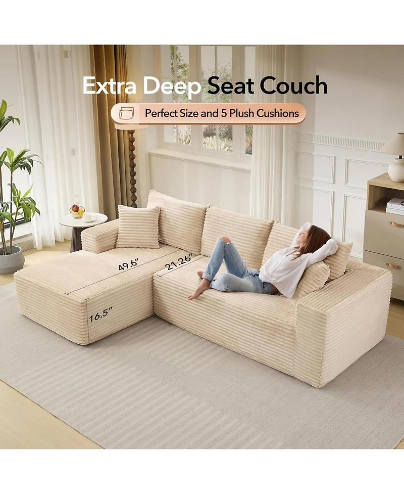 gaomon 108" Cloud Sectional Sofa, L-Shaped Couch with Deep Seat, Corduroy, Beige Left Chaise