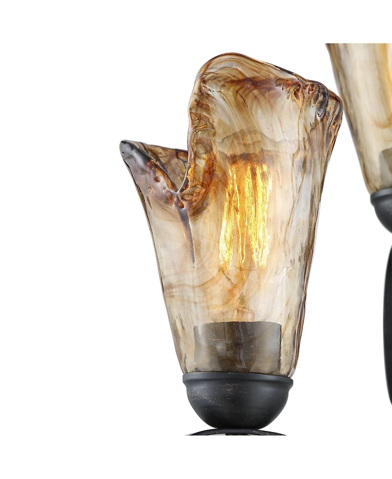 Franklin Iron Works Industrial Rustic Farmhouse Floor Lamp 70" Tall with Riser 3-Light Wavy Amber Art Glass Shade for Living Room Reading