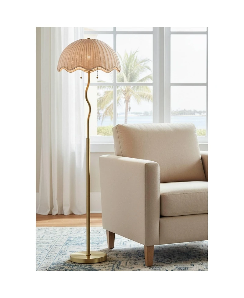 Possini Euro Design Possini Euro Brella 58"H Gold Rattan 2-Light Pull-Chain Floor Lamp