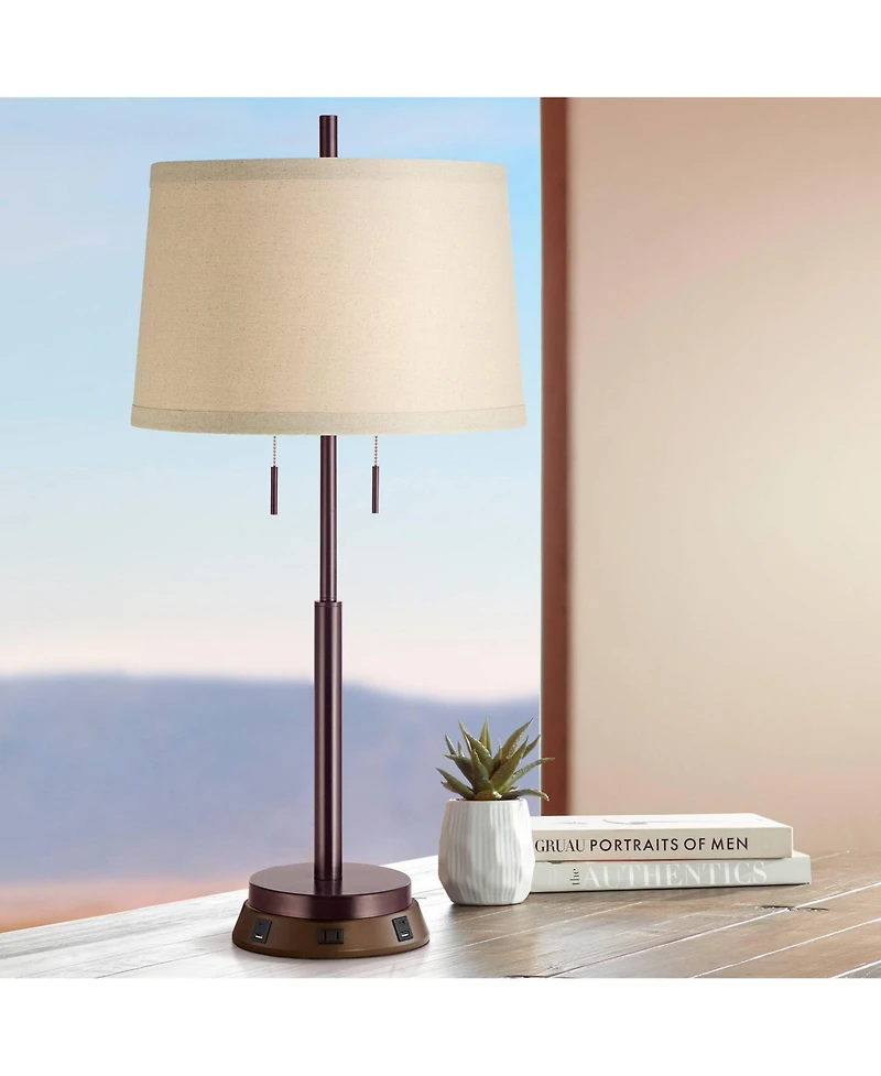 Possini Euro Design Modern Table Lamp with Usb and Ac Power Outlet Workstation Charging Base 33" Tall Drum Shade Office