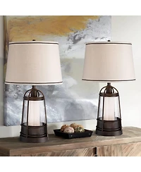 Franklin Iron Works Hugh 26" Tall Rustic Farmhouse Lantern Table Lamps with Led Nightlights, Set of 2