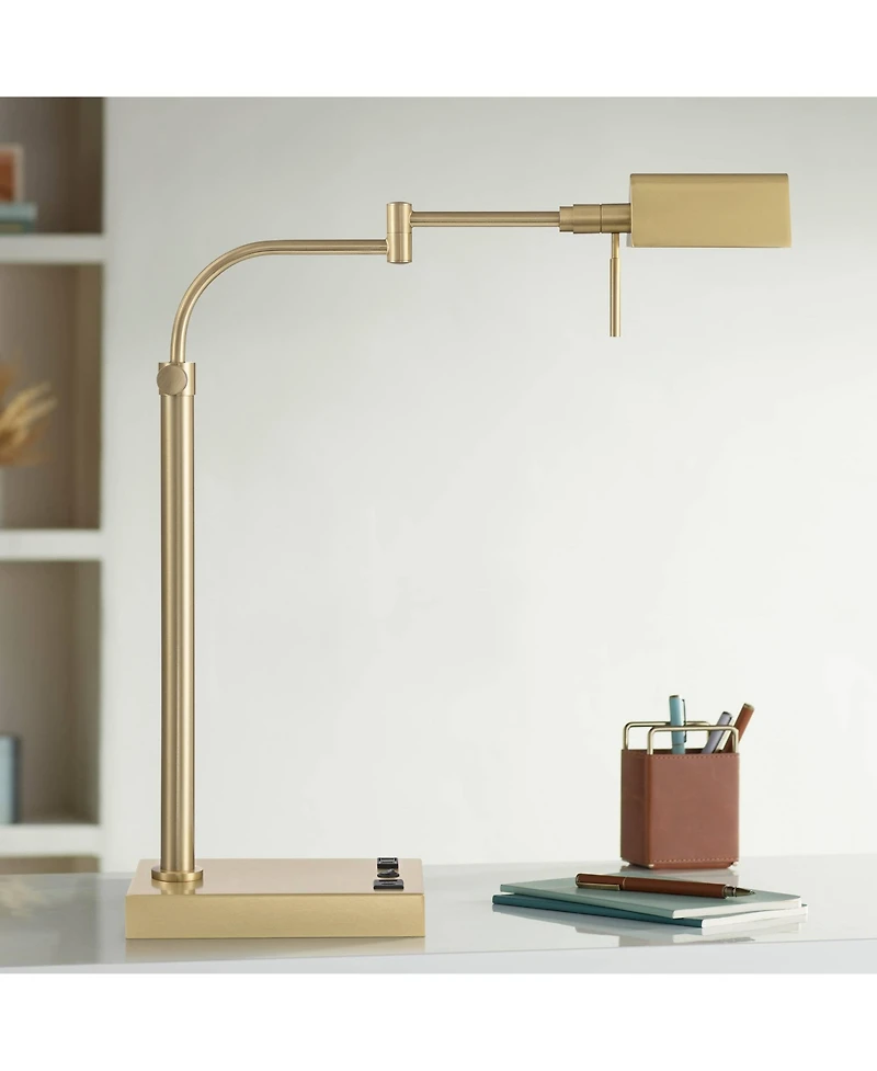 Possini Euro Design Keegan 24 1/2" High Modern Desk Lamp Adjustable Usb Port Ac Power Outlet Gold Brass Finish Metal Charging