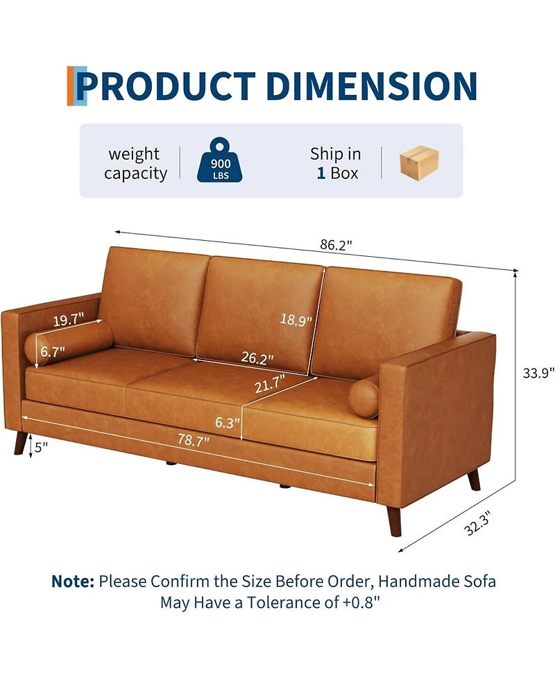 gaomon 86" Faux Leather Sofa, Mid-Century Modern 3-Seater Couch with Deep Seat and Removable Cover