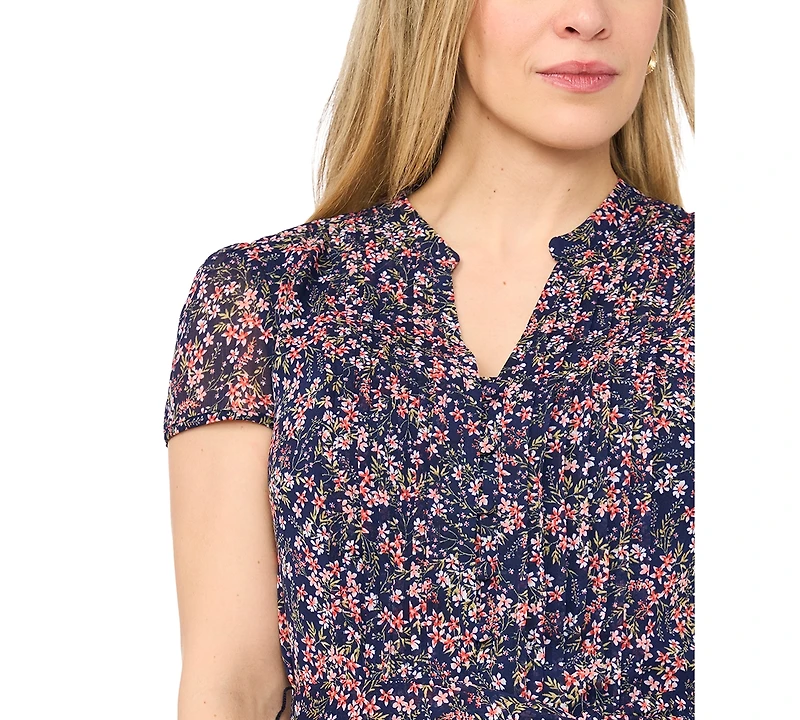 Msk Petite Floral Print Short-Sleeve Pintuck Dress