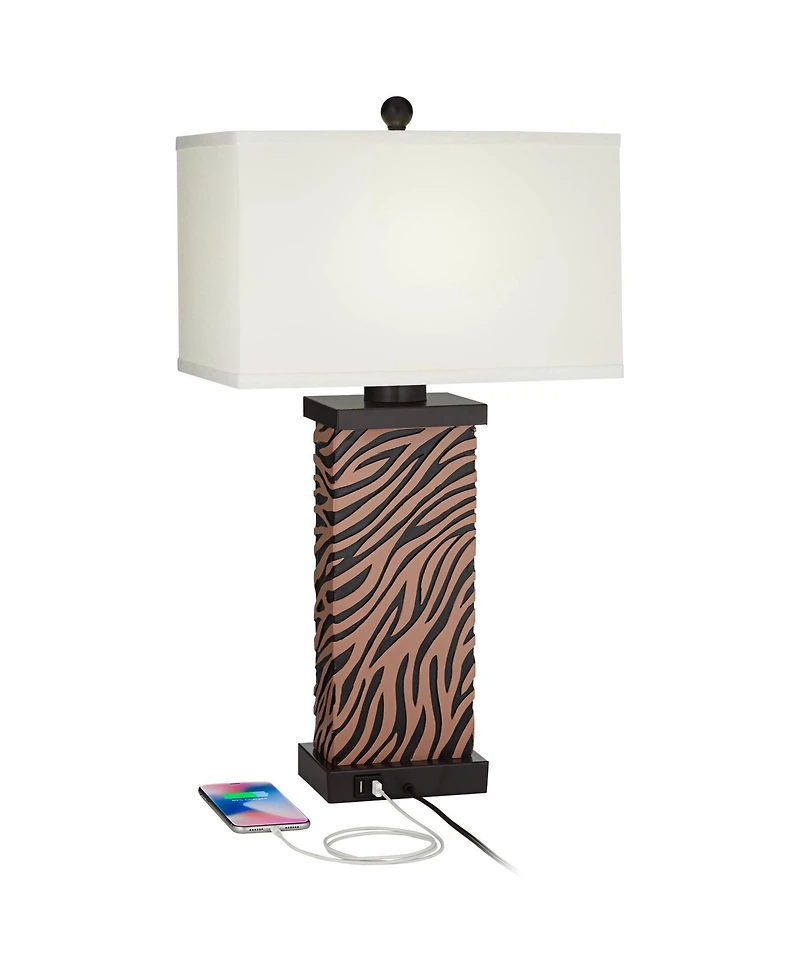 360 Lighting Modern Table Lamps Set of 2 with Usb Charging Port 27" Tall Zebra Faux Wood Fabric Shade for Bedroom Bedside House