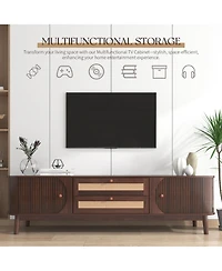 Rainsken Rattan Tv Stand for TVs up to 75'', Modern Farmhouse Media Console with Tambour Sliding Doors and Drawers, Media Console for Living Room