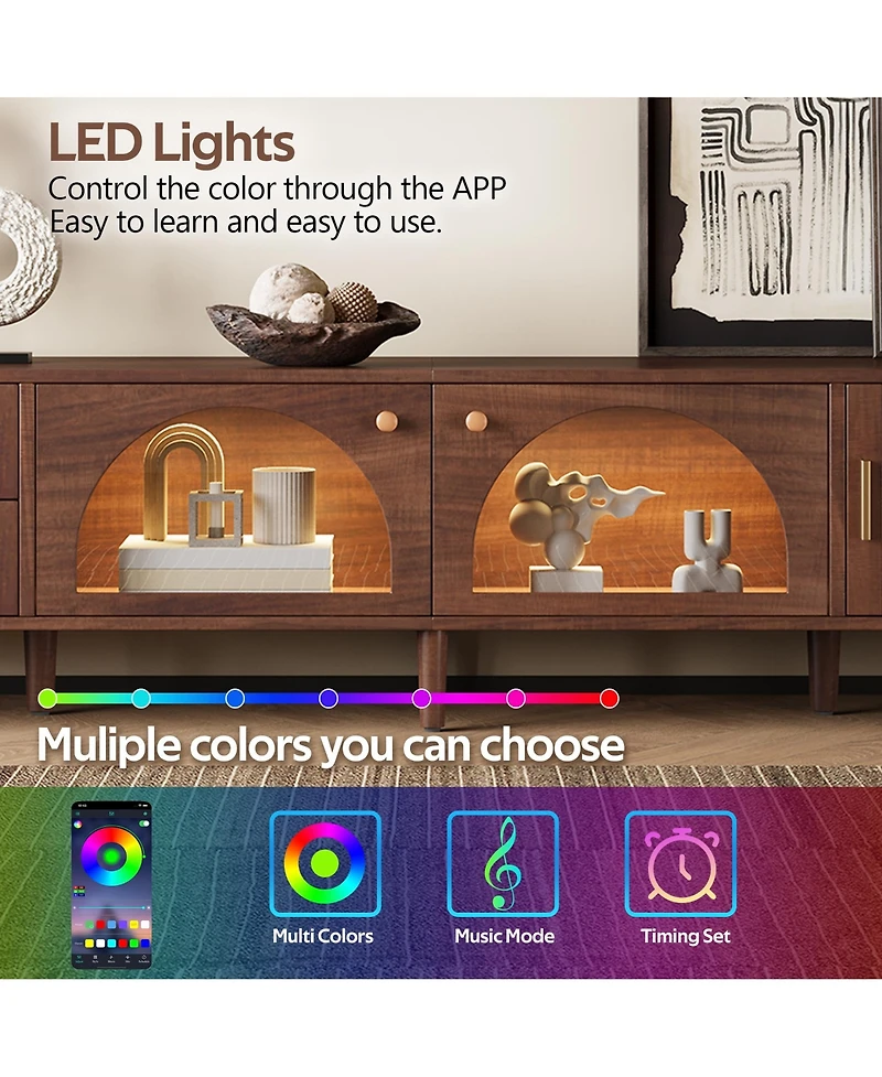 Rainsken Led Tv Stand for TVs up to 80'', Rattan Media Console Table, Entertainment Center with 3 Cabinets and 2 Drawers for Living Room