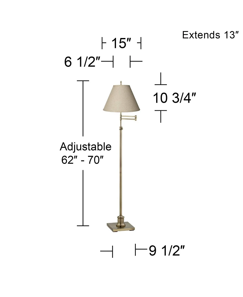 360 Lighting Swing Arm Floor Lamp 70" Tall Antique Brass Fine Burlap Cotton Blend Fabric Empire Shade for Living Room Reading Office