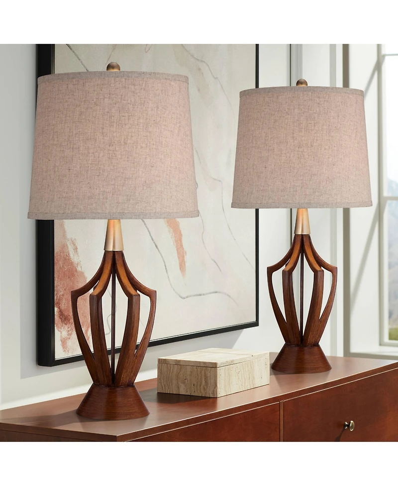 360 Lighting St. Claire 30 3/4" Tall Open Base Large Mid Century Modern End Table Lamps Set of 2 Wood Finish Living Room Bedroom
