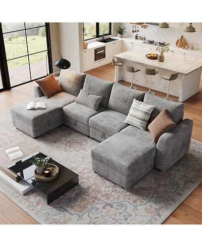 gaomon 141" Sectional Sofa, U-Shaped Cloud Couch with Storage and Ottoman, 6-Seat Chenille Sofa