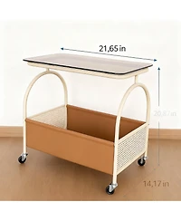 Yigii 2-Tier Glass Top Rolling Side shelf with Storage Basket Mobile End Table on Wheels