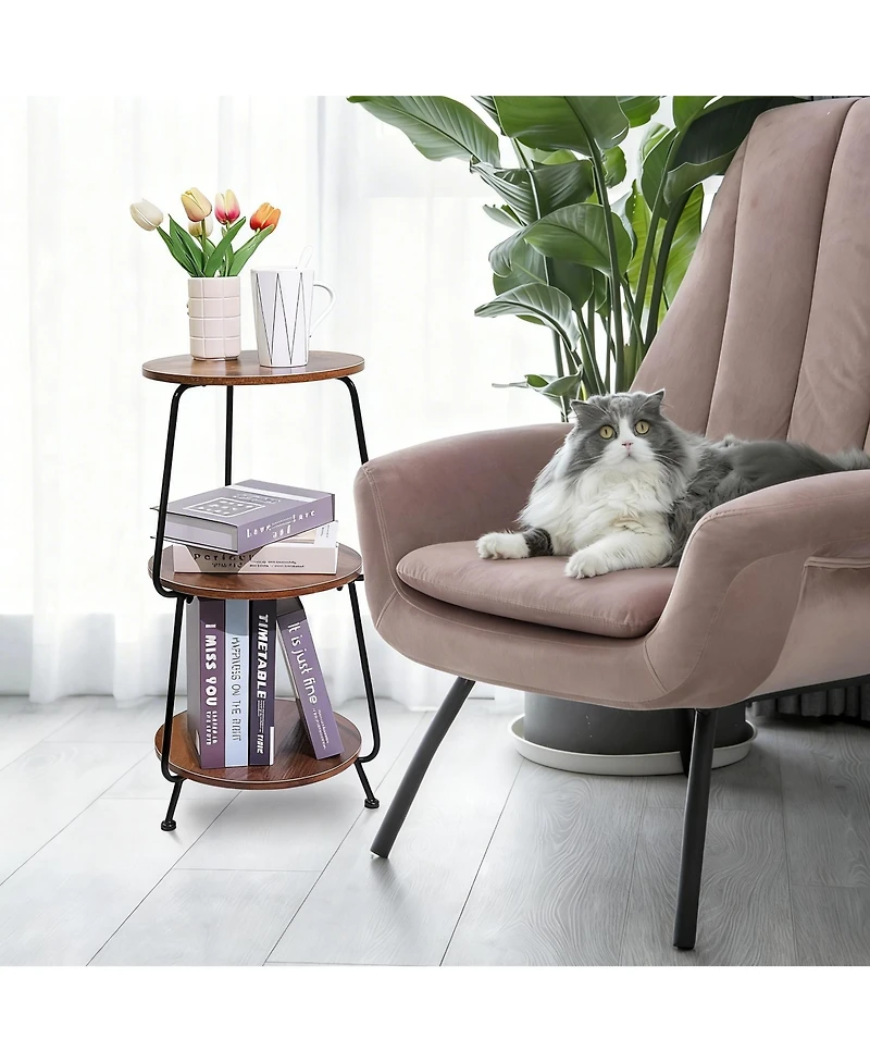 Yigii Small Round Side shelf 3 Tier Circular End Table Brown Nightstand Storage Shelf