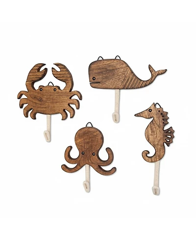 Yigii Sea Life Wooden Wall Hooks Set of 4 Handmade Animal Decorative Hooks for Nursery Beach Room