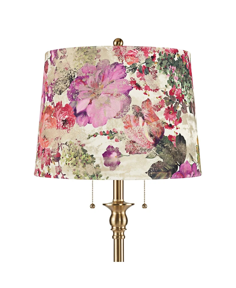 360 Lighting Dyna Traditional Tall 2-Light Standing Floor Lamp Pole Pull Chain Antique Brass Finish Floral Velvet Shade