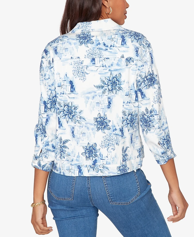Ruby Rd. Petite Toile Print Button-Front Denim Jacket