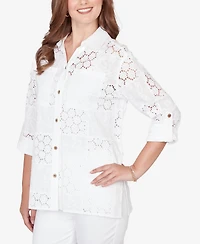 Ruby Rd. Petite Patchwork Eyelet Roll-Tab-Sleeve Top