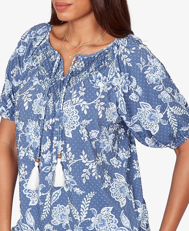 Ruby Rd. Petite Smocked Floral Clip Dot Top