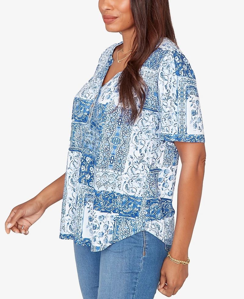 Ruby Rd. Petite Patchwork Bandana Henley T-Shirt
