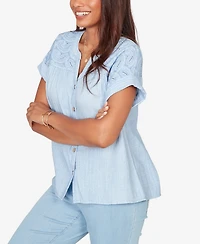 Ruby Rd. Petite Paisley Embroidered Gauze-Button T-Shirt
