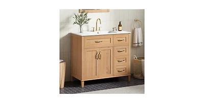Busdays Modern Wood Grain Bathroom Vanity, Ceramic Sink, Solid Rubberwood Legs, Soft-Close Doors and 4 Drawers