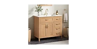 Busdays Modern Wood Grain Bathroom Vanity, Ceramic Sink, Solid Rubberwood Legs, Soft-Close Doors and 4 Drawers