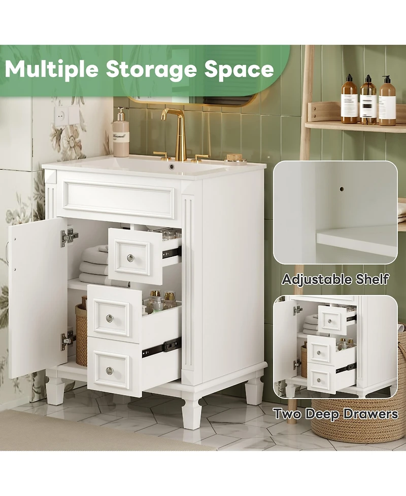 Busdays 24" Bathroom Vanity with Ceramic Sink, Small Cabinet with 2 Drawers and Adjustable Shelf, Modern Design