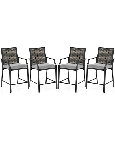 Gymax Patio Bar Stools Set of 4 w/ Armrest Fabric Seat and Heavy-Duty Metal Frame