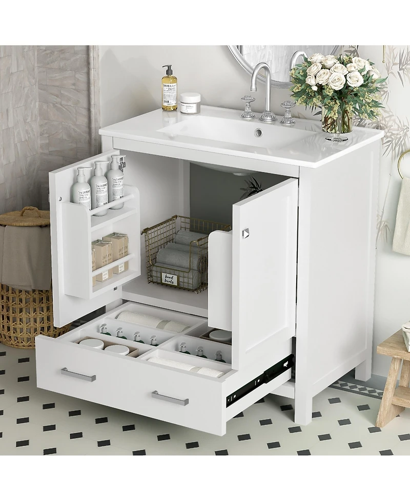 Busdays 30" White Bathroom Vanity with Single Sink, Soft-Close Undermount Sink, 2-Door Cabinet with Drawer, Solid Wood Frame