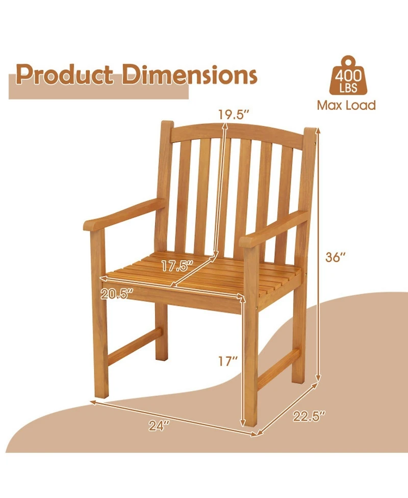 Gouun Set of 2 Solid Acacia Wood Patio Dining Chairs with Slatted Seat and Inclined Backrest