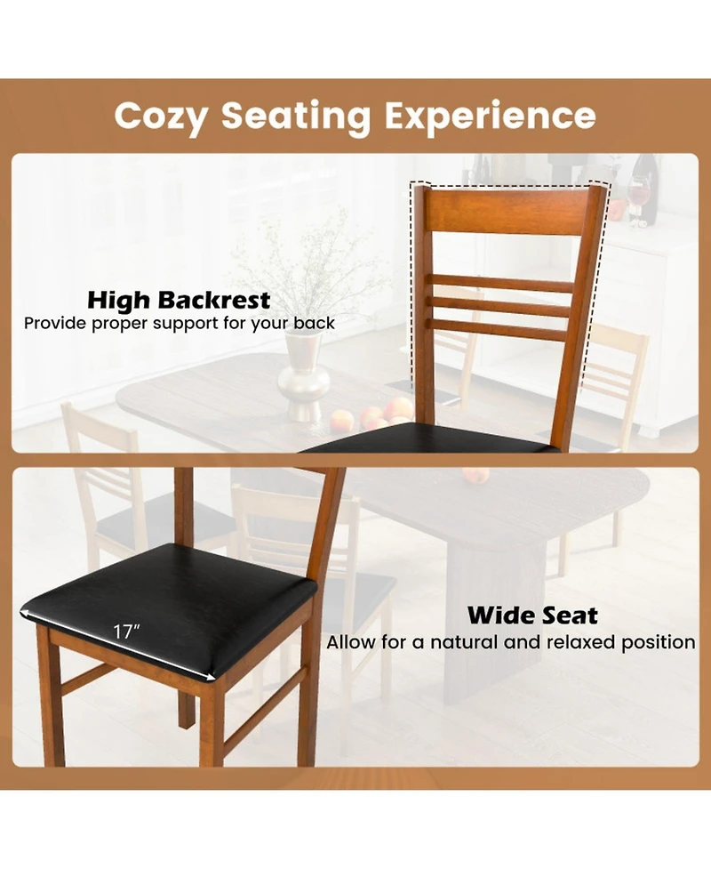 Gouun Set of 2 Slatted-Back Dining Chairs with Pu Leather Cushion and Rubber Wood Frame