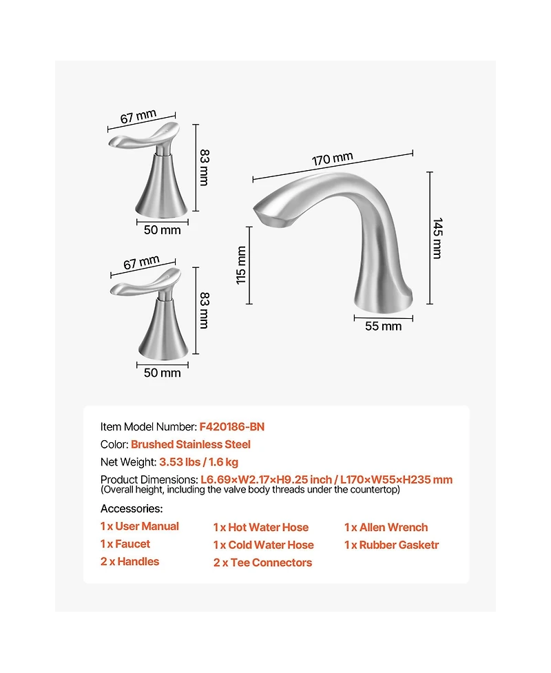 Busdays Brushed Stainless Steel 3 Hole Bathtub Faucet Set, Waterfall Gooseneck Deck Mount Tub Faucet with 2 Handles