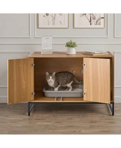 Zeus & Ruta 31.5 in. Hidden Cat Litter Box Enclosure Furniture with Scratch Pad Storage Waterproof Cabinet for Living Room Bedroom