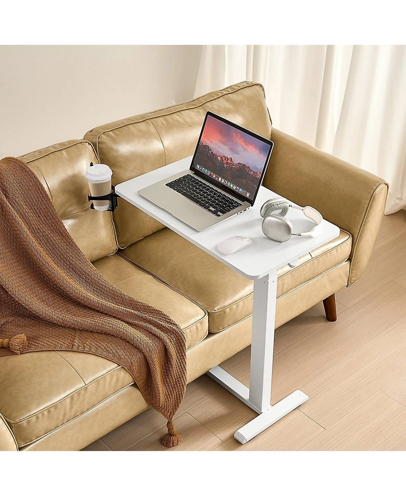 Gouun Adjustable Overbed Table with Hidden Wheels, 25.4-40.47 in Height Hydraulic Bedside Desk with Cup Holder