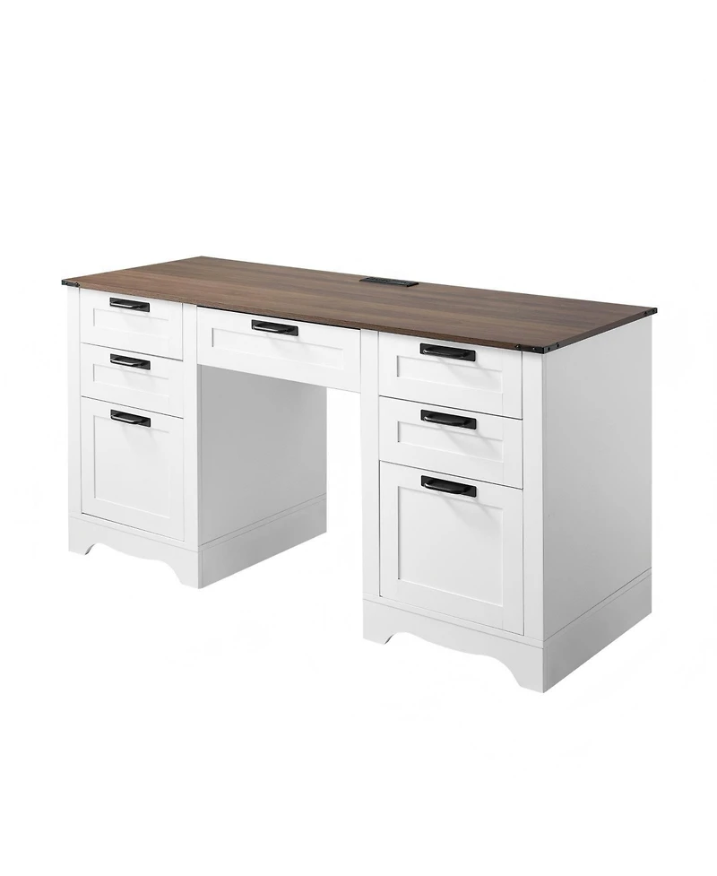 Gouun 60 in Farmhouse Executive Desk with Charging Station, Office Table with Storage Drawers and Keyboard Tray, Walnut