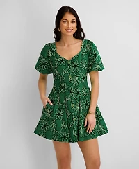 Kensie Women's Corded Woven Printed V-Neck Dress