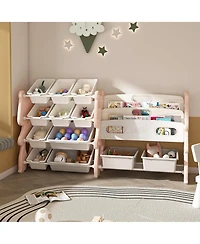 Rainsken Kids Bookshelf, Toy Storage Organizer with 12 Toy Bins and 2 Tier Display Rack for Playroom, Bedroom, Kids Room and Classroom