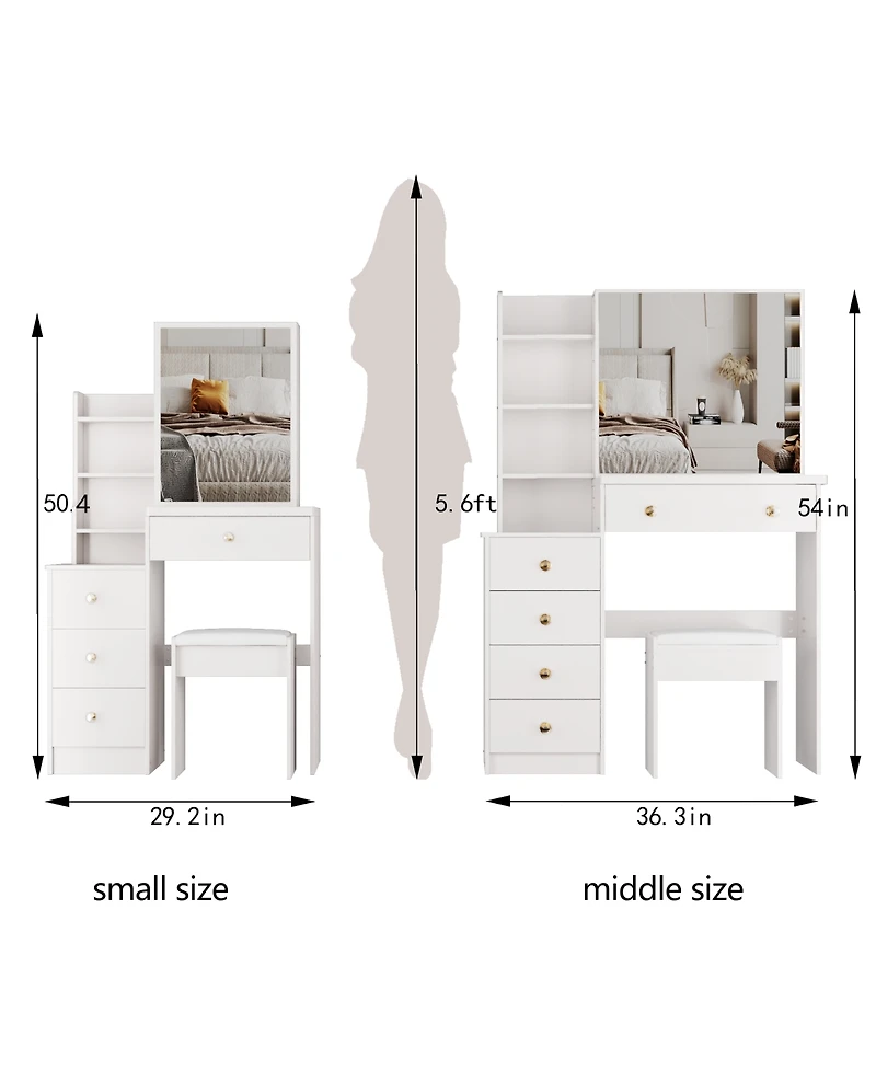 Flynama Modern Medium Led Vanity Table with Bedside Cabinet Slide Mirror Classic and Cushioned Stool