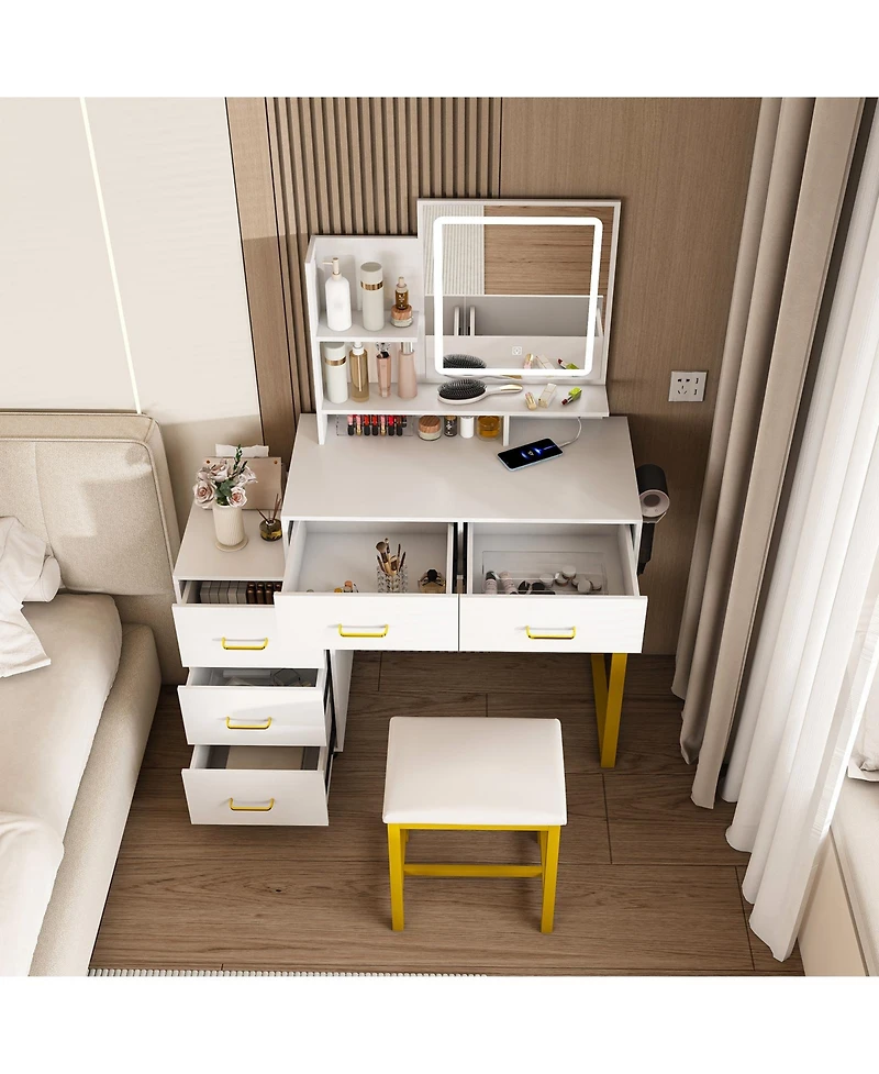 Flynama Makeup Vanity with Led Lights 3 Color Modes and Power Outlet for Convenient Beauty Routine