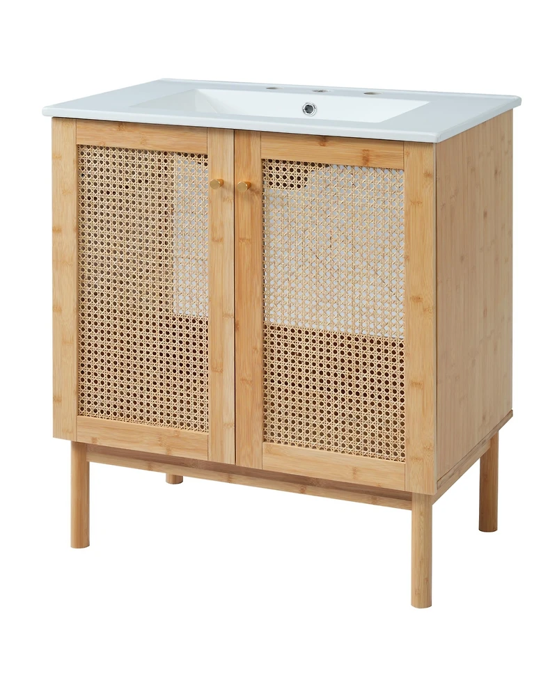 Busdays 30-inch bathroom vanity crafted from natural materials, featuring handmade rattan doors and soft-closing mechanisms