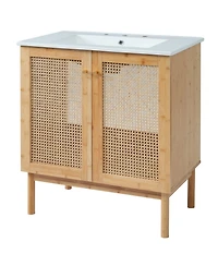 Busdays 30-inch bathroom vanity crafted from natural materials, featuring handmade rattan doors and soft-closing mechanisms