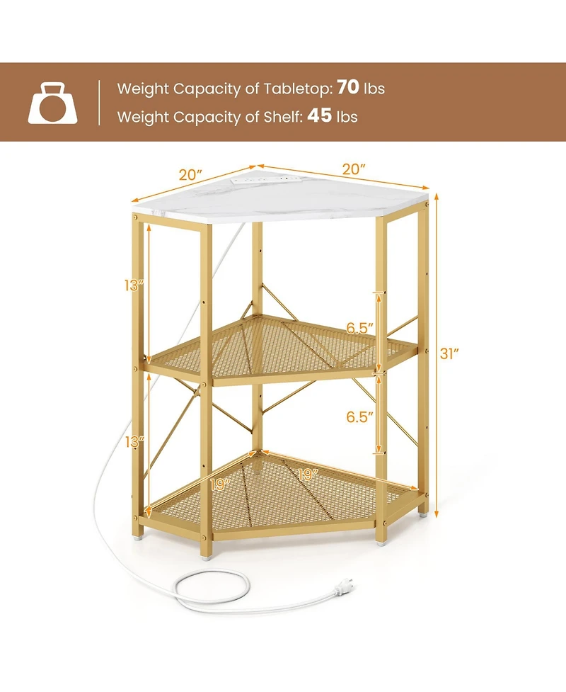 Sugift Corner Printer Stand with Power Outlet 3-Tier Storage Rack with Adjustable Shelf