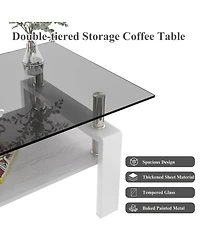 Rainsken Modern 2-Tier Coffee Table, Rectangle Center Table with Tempered Glass Top, Mdf Shelf and Metal Legs for Living Room and Home Office