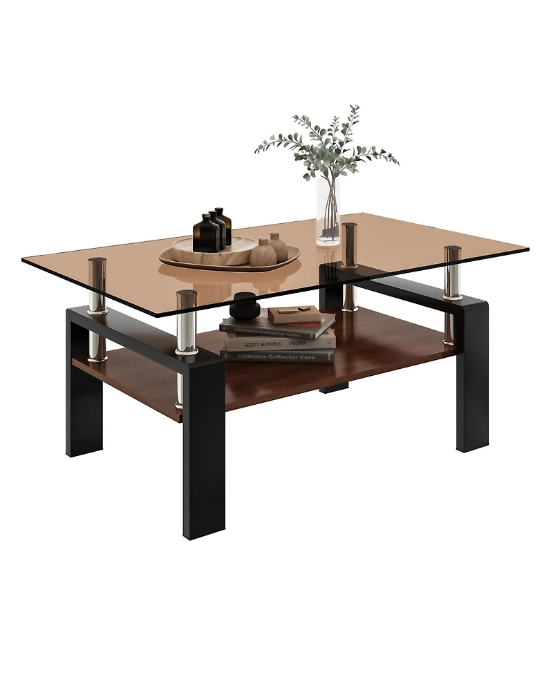 Rainsken 2-Tier Coffee Table, Rectangle Center Table with Tempered Glass Top, Mdf Shelf and Metal Legs for Living Room, Home Office