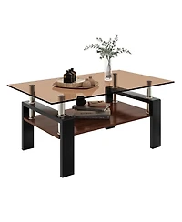 Rainsken 2-Tier Coffee Table, Rectangle Center Table with Tempered Glass Top, Mdf Shelf and Metal Legs for Living Room, Home Office