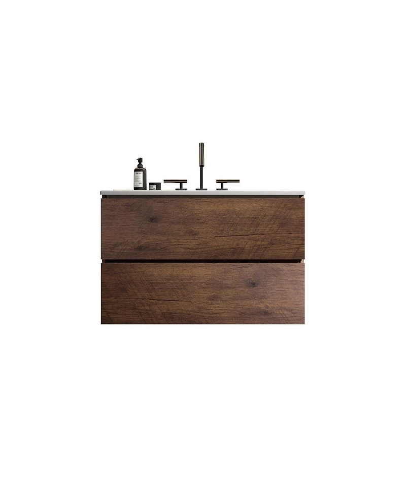 Thirtypeachy 30" Modern Walnut Wall Mount Vanity With Ceramic Sink, 3-Hole Top Handle-Free Soft-Close Drawers, Pre-Assembled