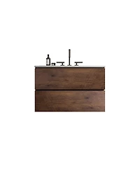 Thirtypeachy 30" Modern Walnut Wall Mount Vanity With Ceramic Sink, 3-Hole Top Handle-Free Soft-Close Drawers, Pre-Assembled