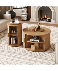 Rainsken Mid-Century Coffee Table Set, Round Fluted End Table With Storage, Handle, Sliding Tambour Door, Side Table for Living Room