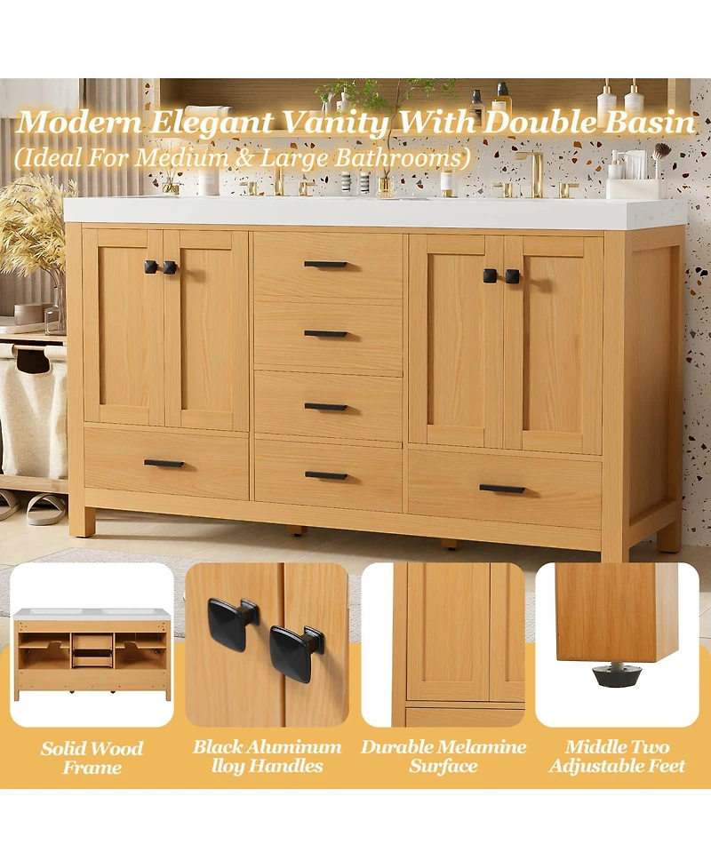 Sillysis 59.3 Inch Double Sink Bathroom Vanity with Solid Wood Frame, Soft Close Drawers & Adjustable Shelves for Modern Storage