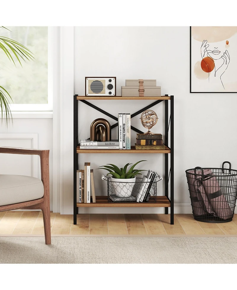 Slickblue 3 Tier Bookcase with Heavy Duty Metal Frame Industrial Shelf