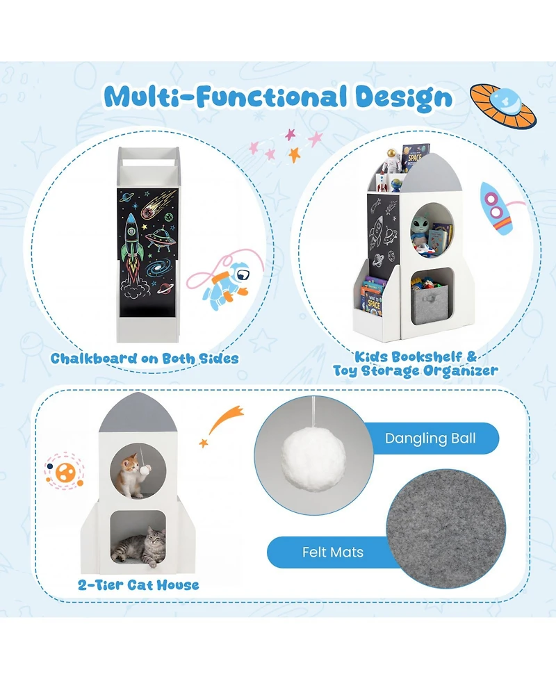 Slickblue 3-Tier Kids Bookshelf Rocket Space Theme Toddler Toy Storage Organizer